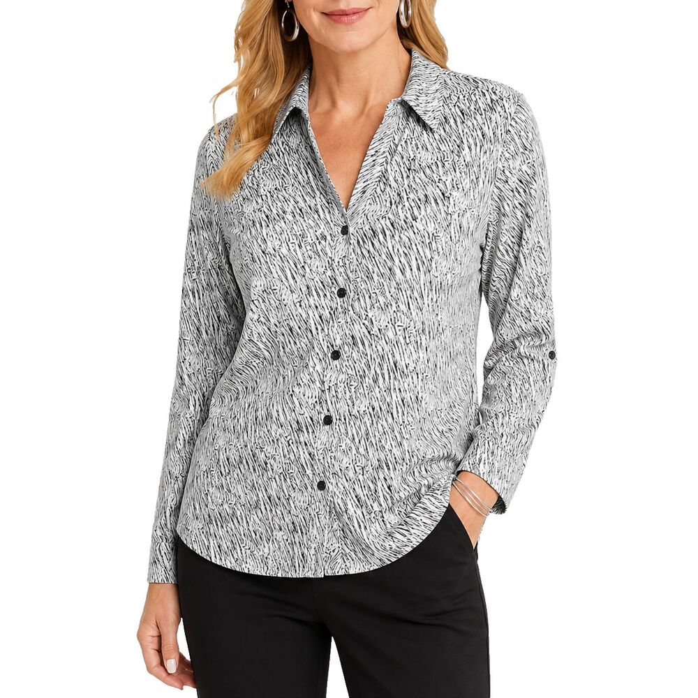 Chicos Womens Shirt 0 S White Black Tiger Animal Print Rayon Button Up Blouse